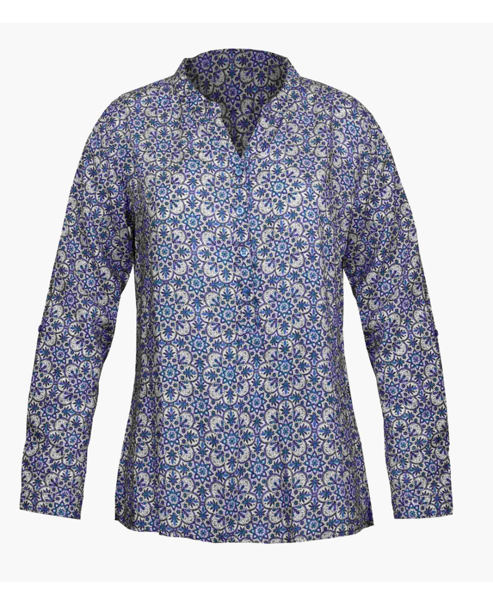 Chemisier blanc/bleu motifs viscose – Col rond, manches retroussables