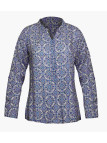 Chemisier blanc/bleu motifs viscose – Col rond, manches retroussables
