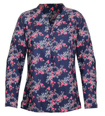 Chemisier rose/bleu petit motif viscose – Col rond, manches longues