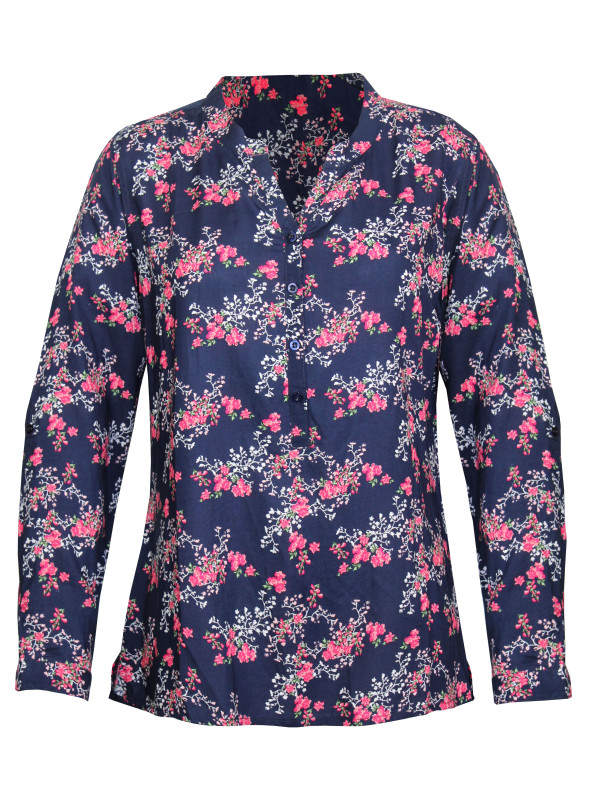 Chemisier rose/bleu petit motif viscose – Col rond, manches longues