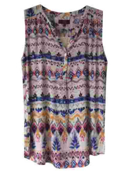 Débardeur imprimé bleu/blanc/rose femme – Viscose, col 3 boutons