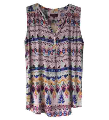 Débardeur imprimé bleu/blanc/rose femme – Viscose, col 3 boutons