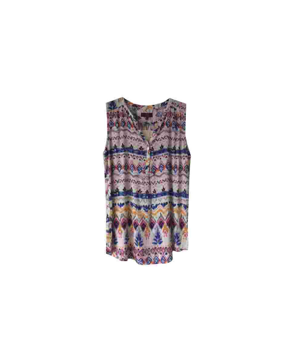 Débardeur imprimé bleu/blanc/rose femme – Viscose, col 3 boutons