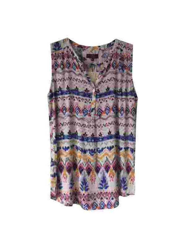 Débardeur imprimé bleu/blanc/rose femme – Viscose, col 3 boutons