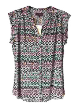 Chemisier sans manches rose/noir/vert – Col rond, imprimé viscose
