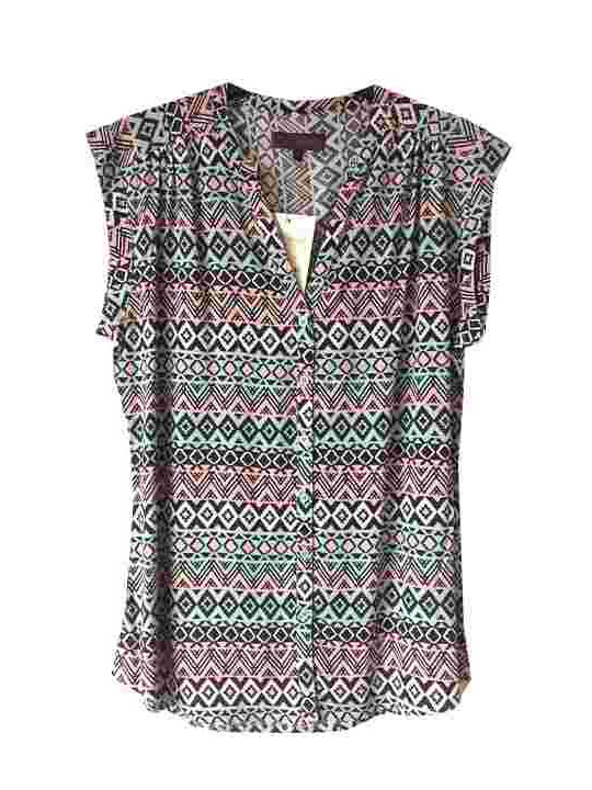 Chemisier sans manches rose/noir/vert – Col rond, imprimé viscose