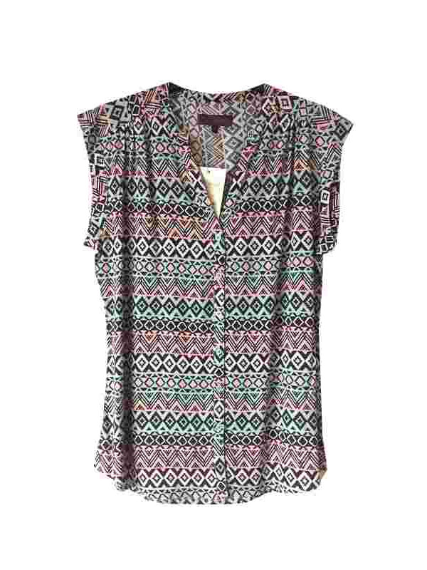 Chemisier sans manches rose/noir/vert – Col rond, imprimé viscose