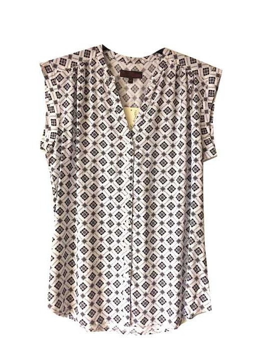Chemisier sans manches blanc/noir – Col rond, imprimé viscose