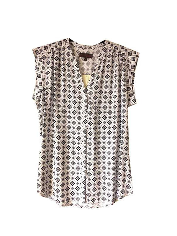 Chemisier sans manches blanc/noir – Col rond, imprimé viscose