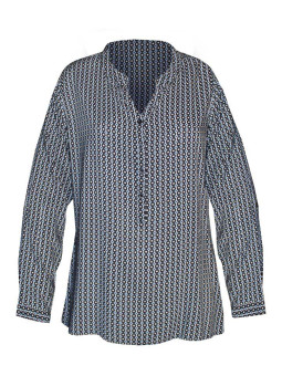 Chemisier bleu imprimé viscose – Col rond ouvert, manches longues