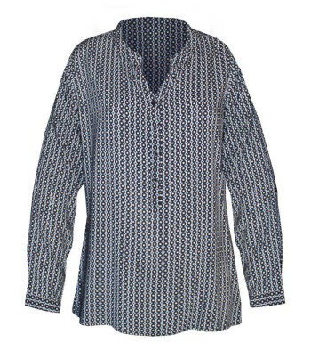 Chemisier bleu imprimé viscose – Col rond ouvert, manches longues