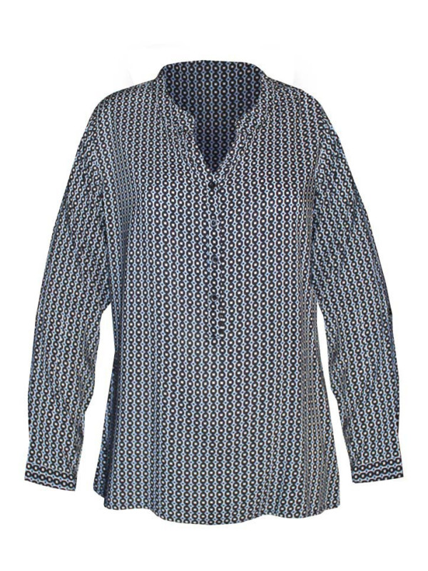 Chemisier bleu imprimé viscose – Col rond ouvert, manches longues