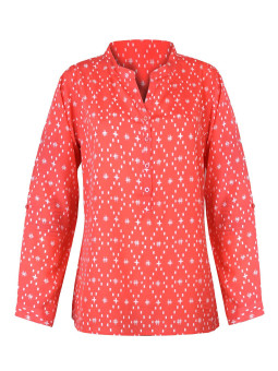Chemisier orange femme viscose – Imprimé, col rond, manches longues