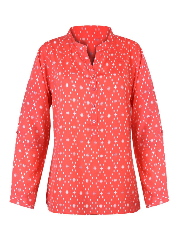 Chemisier orange femme viscose – Imprimé, col rond, manches longues