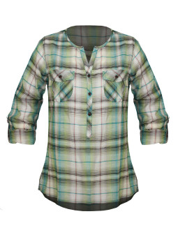 Chemisier liquette coton bleu/vert – Manches 3/4, boutons bois