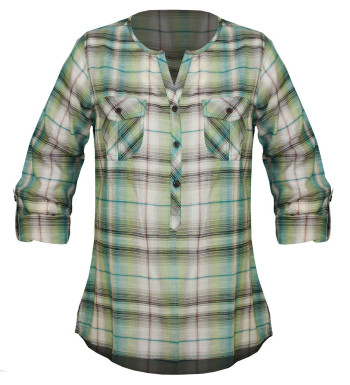 Chemisier liquette coton bleu/vert – Manches 3/4, boutons bois