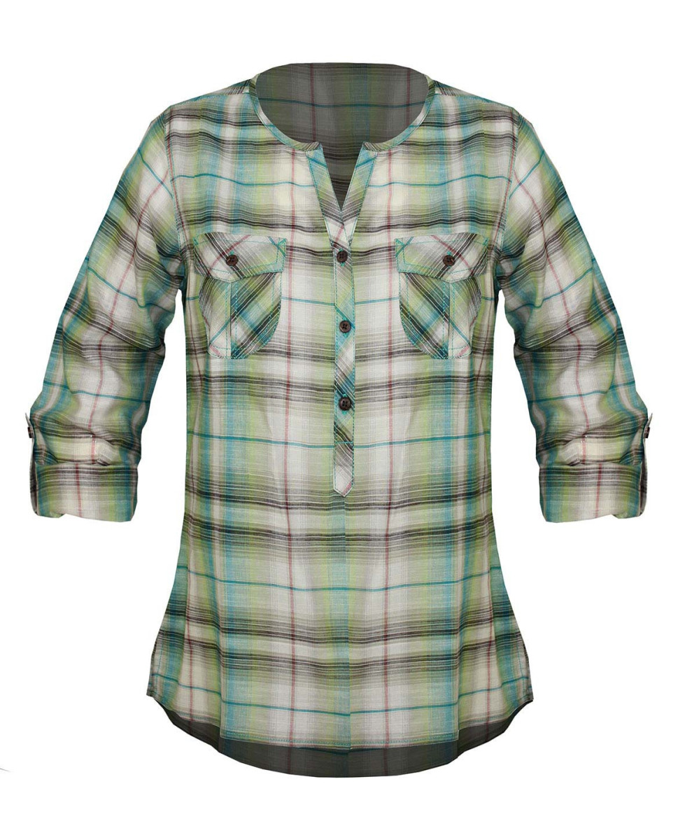 Chemisier liquette coton bleu/vert – Manches 3/4, boutons bois