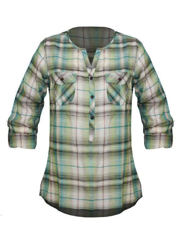 Chemisier liquette coton bleu/vert – Manches 3/4, boutons bois