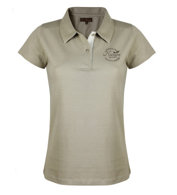 Polo femme beige coton piqué – Détail blanc & broderie chic