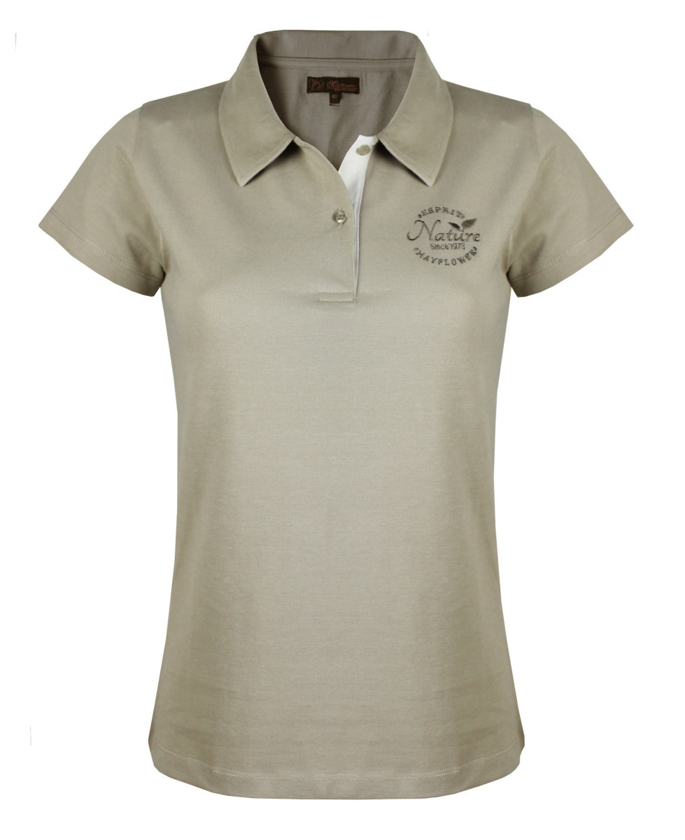 Polo femme beige coton piqué – Détail blanc & broderie chic