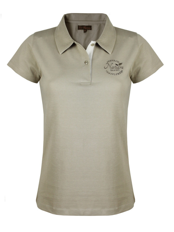 Polo femme beige coton piqué – Détail blanc & broderie chic
