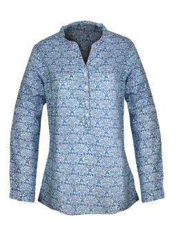 Chemisier coton blanc/bleu/marine – Motifs, col rond, manches longues