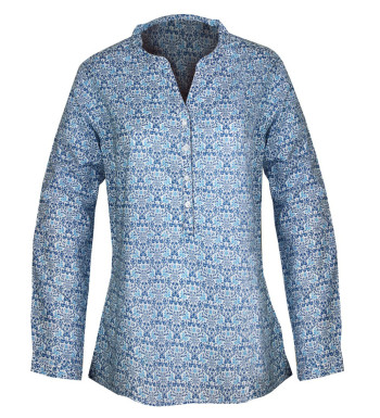 Chemisier coton blanc/bleu/marine – Motifs, col rond, manches longues