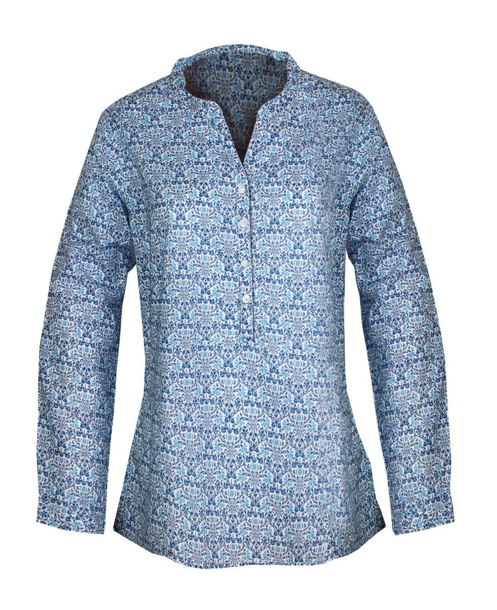 Chemisier coton blanc/bleu/marine – Motifs, col rond, manches longues