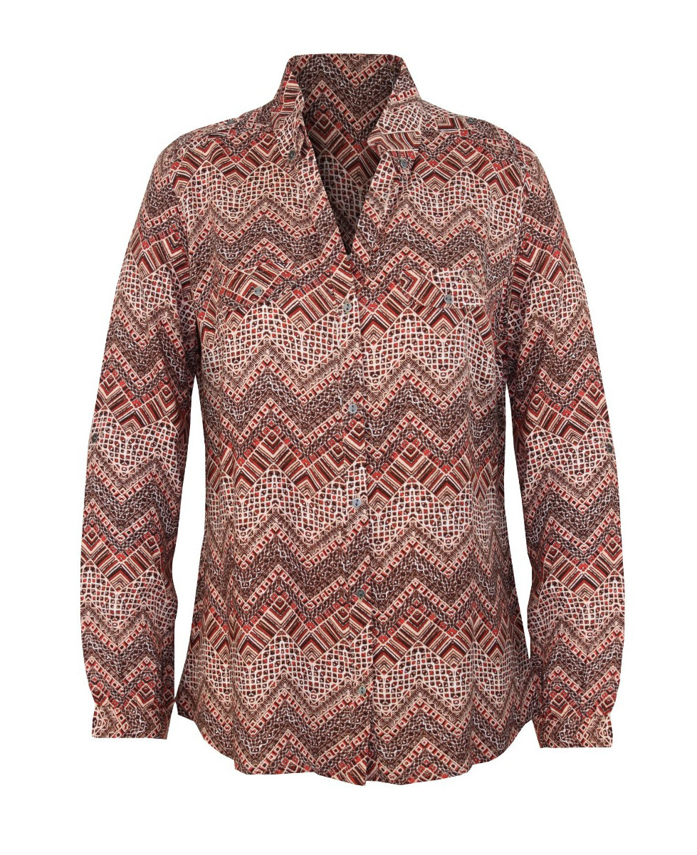 Chemisier ethnique femme marine/rouge – Viscose, col boutonné