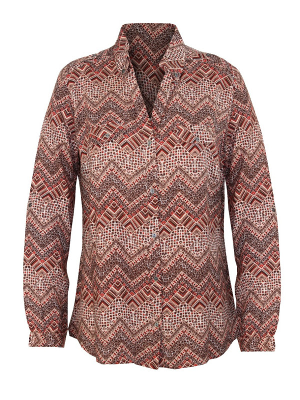Chemisier ethnique femme marine/rouge – Viscose, col boutonné