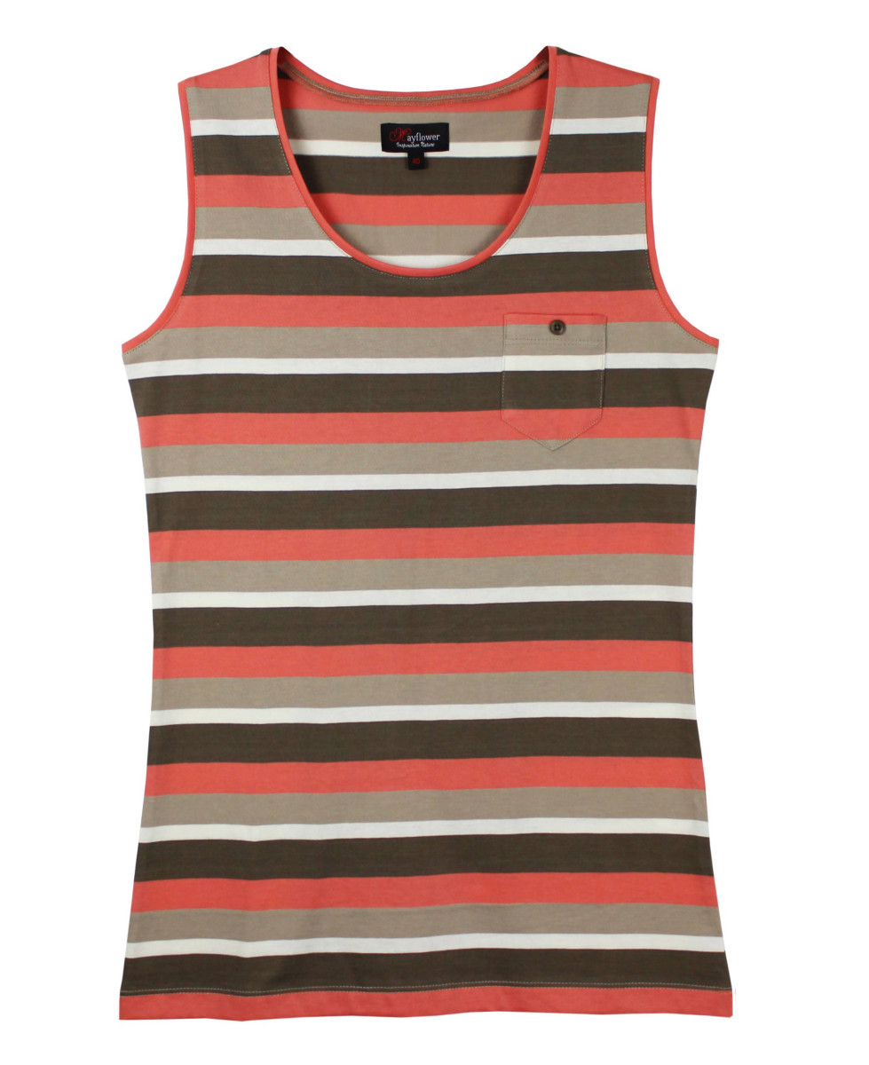 Débardeur femme rayé coton – Taupe corail, poche et bouton