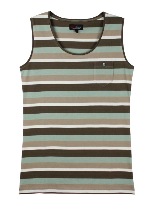 Débardeur femme rayé coton – Taupe vert, poche avec bouton