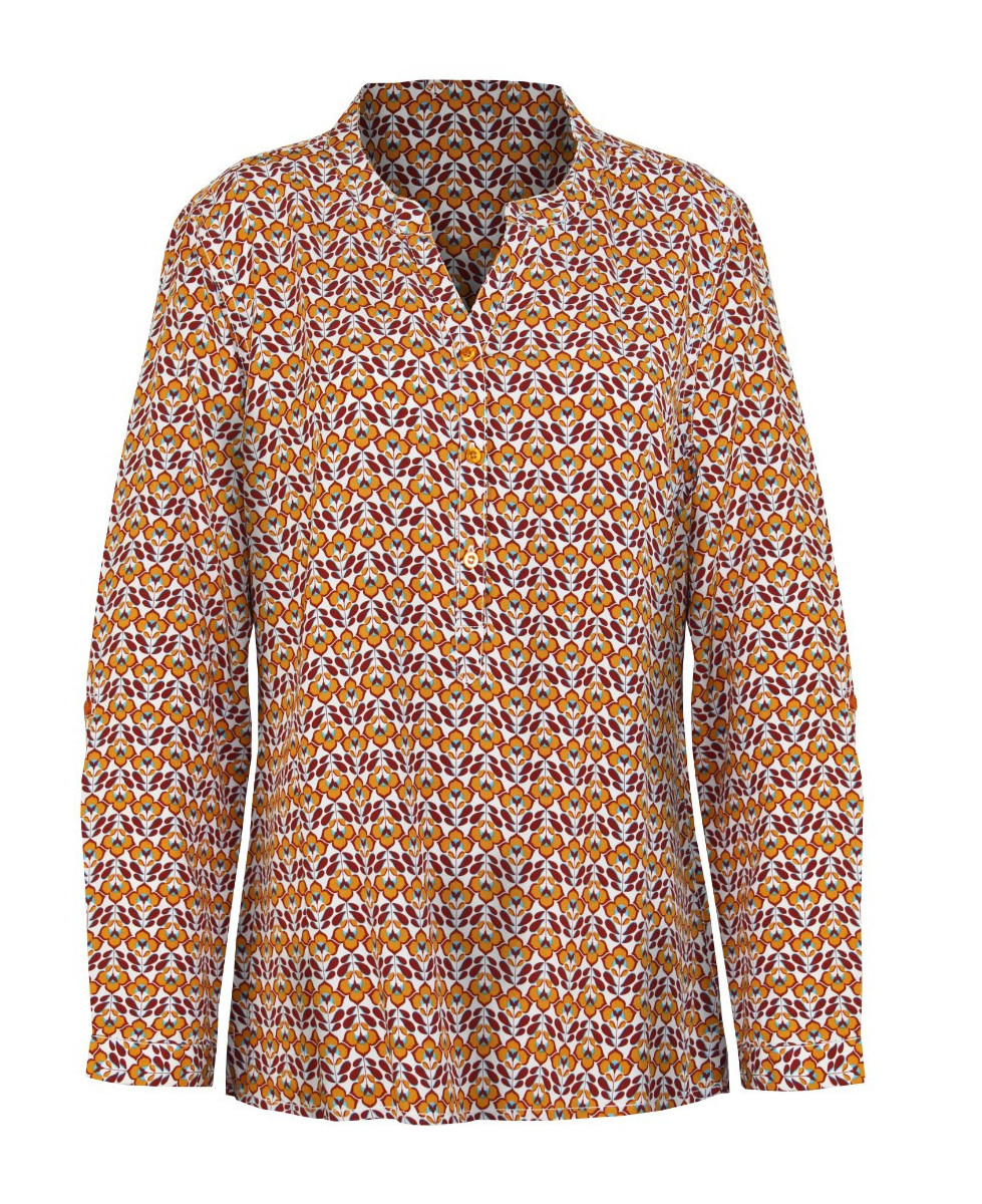 Tunique viscose bordeaux/jaune – Imprimé, col boutonné, manches 3/4