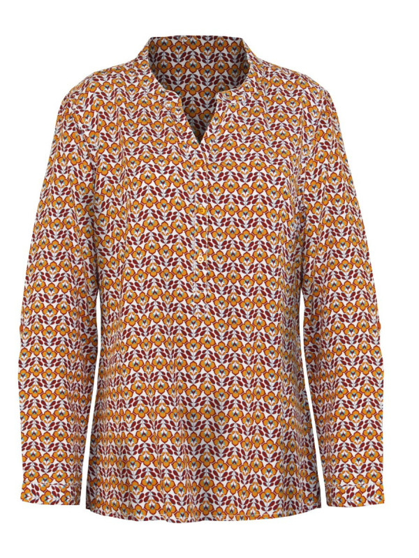 Tunique viscose bordeaux/jaune – Imprimé, col boutonné, manches 3/4