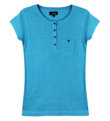 Tee-shirt bleu LINETTE1 col rond boutons coconut coton femme