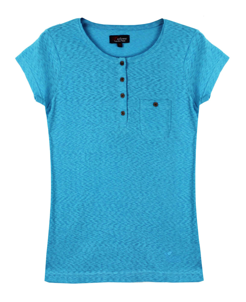 Tee-shirt bleu LINETTE1 col rond boutons coconut coton femme