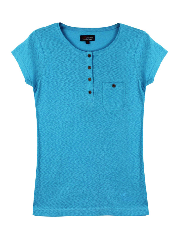 Tee-shirt bleu LINETTE1 col rond boutons coconut coton femme