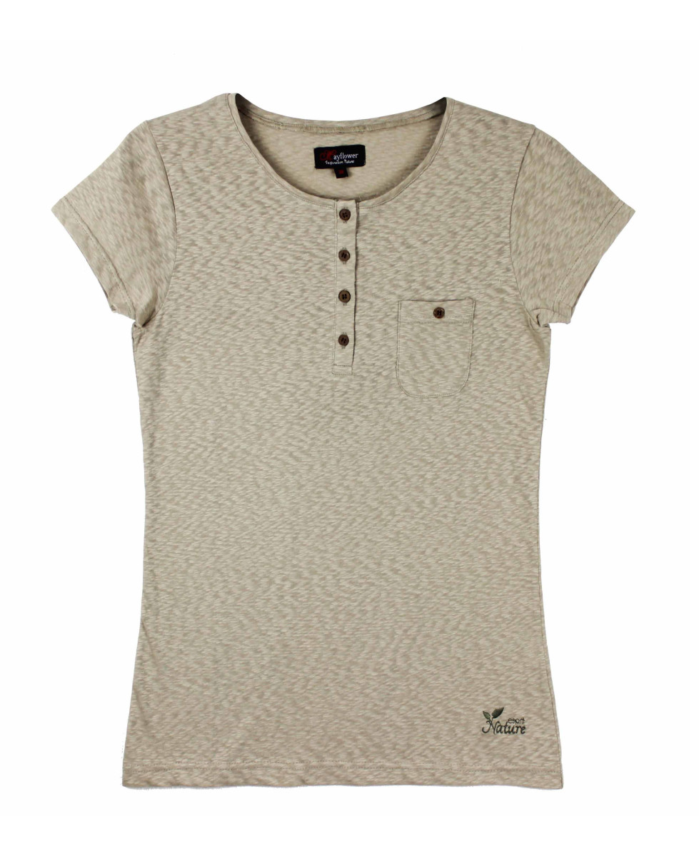 Tee-shirt beige LINETTE2 col rond boutons coconut coton femme