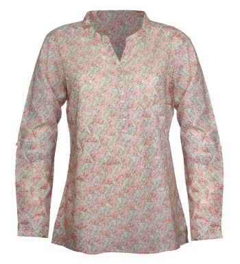 Chemisier coton beige/corail – Motifs, col rond, manches longues