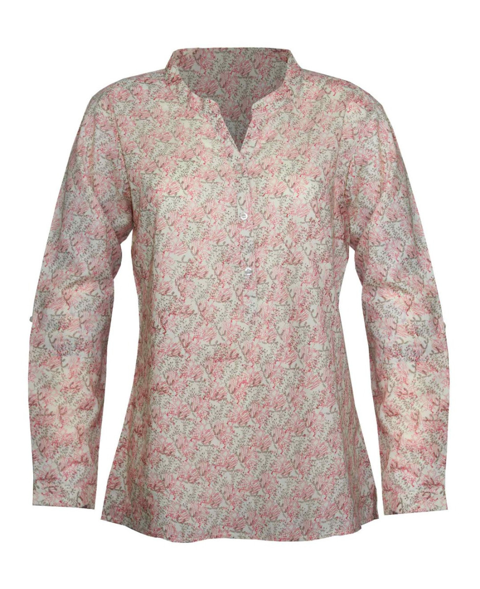 Chemisier coton beige/corail – Motifs, col rond, manches longues