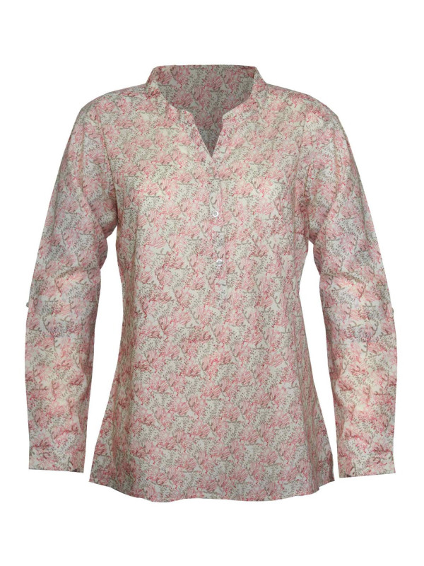 Chemisier coton beige/corail – Motifs, col rond, manches longues