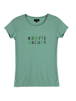 Tee-shirt vert LISBONNE2 col rond sérigraphie coton femme