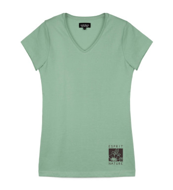 Tee-shirt vert LOANA1 col V sérigraphie coton femme