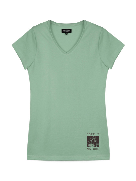 Tee-shirt vert LOANA1 col V sérigraphie coton femme