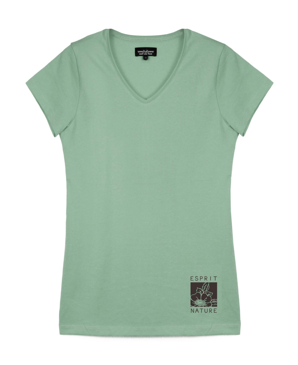 Tee-shirt vert LOANA1 col V sérigraphie coton femme