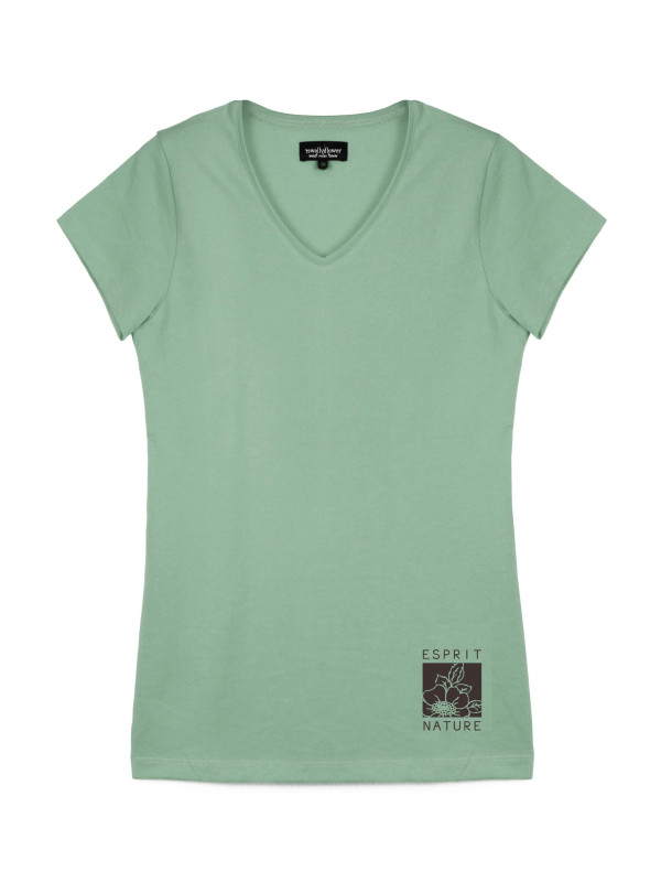 Tee-shirt vert LOANA1 col V sérigraphie coton femme