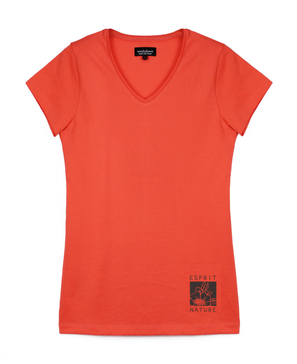 Tee-shirt orange LOANA2 col V sérigraphie coton femme