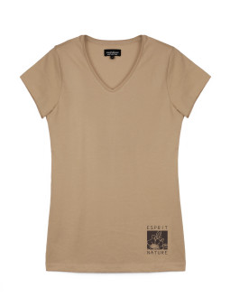 Tee-shirt beige LOANA3 col V sérigraphie coton femme
