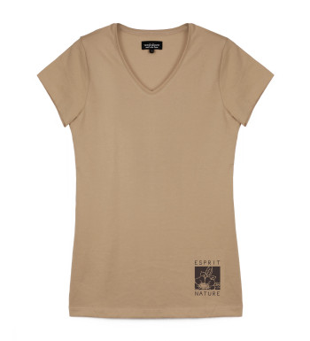 Tee-shirt beige LOANA3 col V sérigraphie coton femme