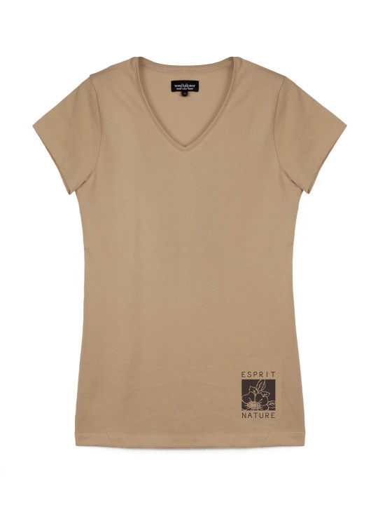Tee-shirt beige LOANA3 col V sérigraphie coton femme